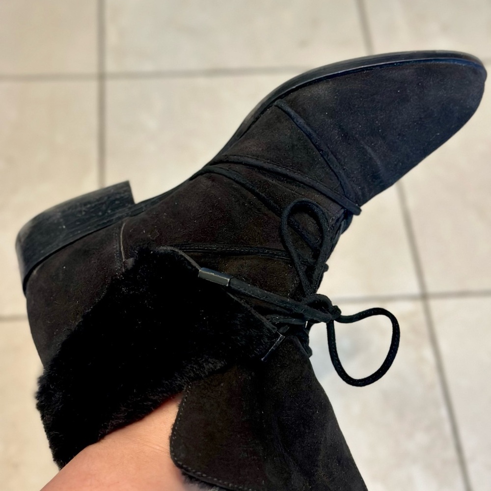 95% new Diane Von Furstrnburg Black Suede Fur-Lined Booties - Picture 2 of 4